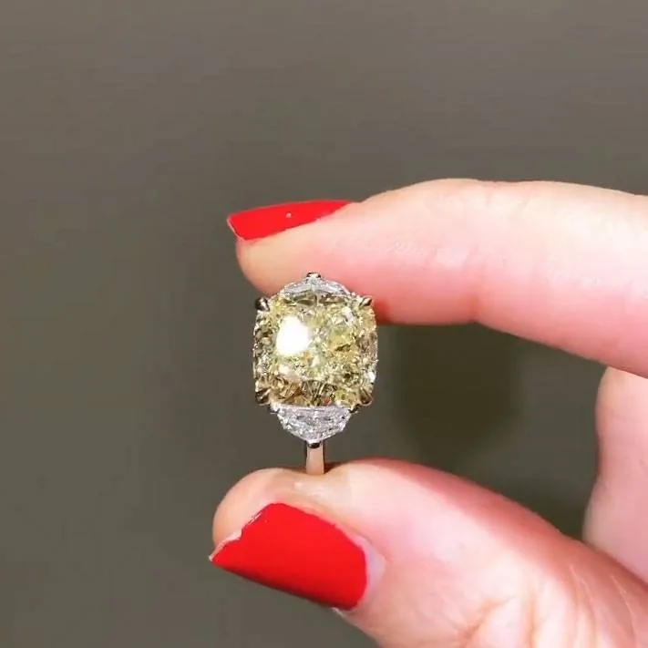 Handmade 5 CT Fancy Yellow Cushion Sapphire Ring with Epaulette Diamond sides