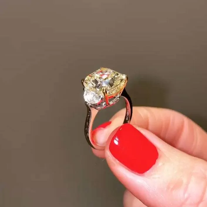 Handmade 5 CT Fancy Yellow Cushion Sapphire Ring with Epaulette Diamond sides