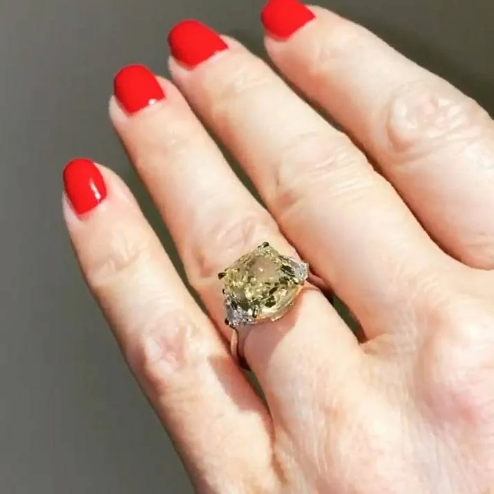 Handmade 5 CT Fancy Yellow Cushion Sapphire Ring with Epaulette Diamond sides