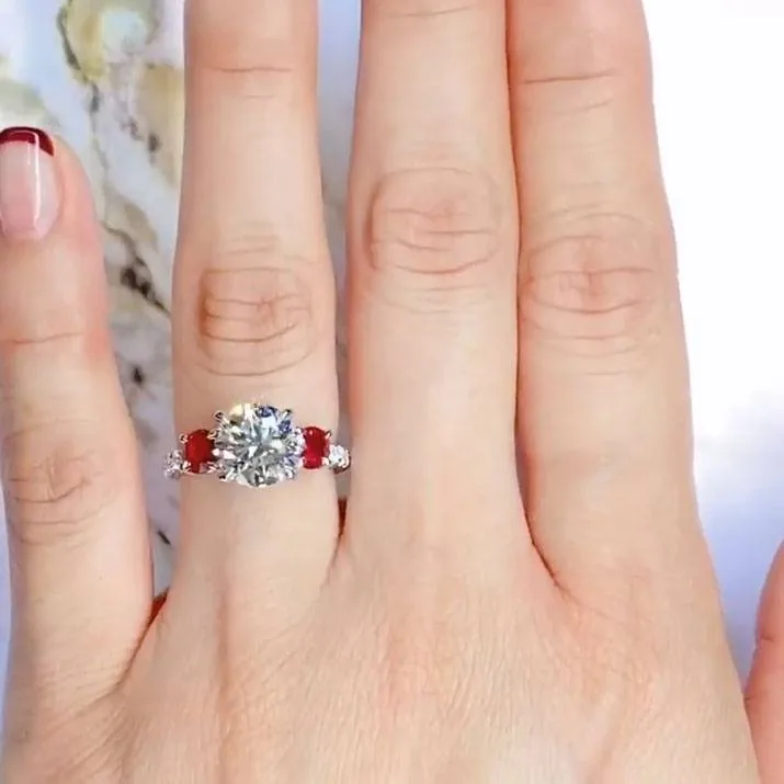 Handmade 2CT Round Brilliant Cut Engagement Ring with 2 Ruby Red Stones