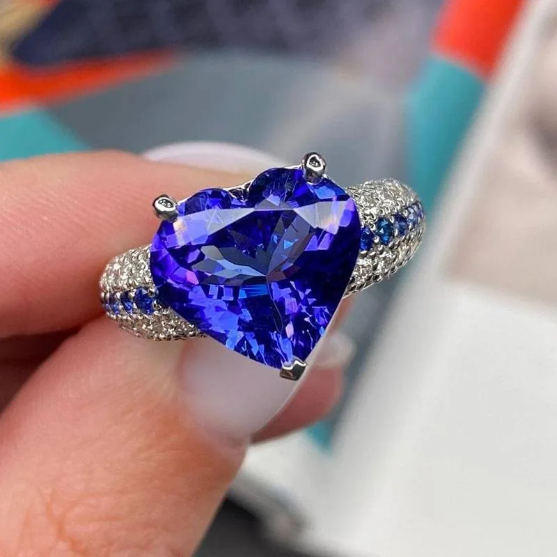 Handmade 4CT Micro Pave Setting Sapphire Blue Heart Cut Sterling Silver Ring