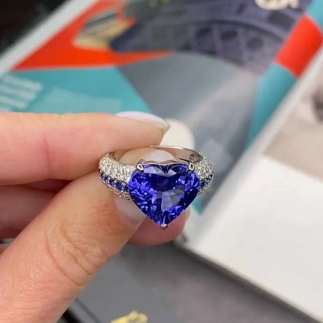 Handmade 4CT Micro Pave Setting Sapphire Blue Heart Cut Sterling Silver Ring