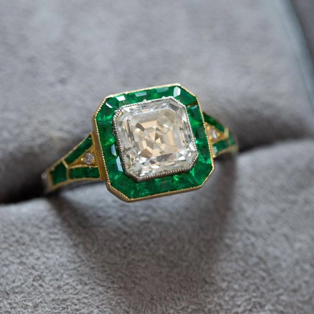 Handmade 2.65 ct Art Deco Asscher Cut Ring With Calibre Cut Emerald Stones