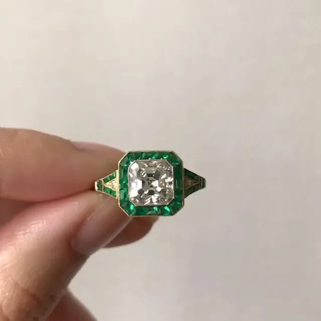 Handmade 2.65 ct Art Deco Asscher Cut Ring With Calibre Cut Emerald Stones