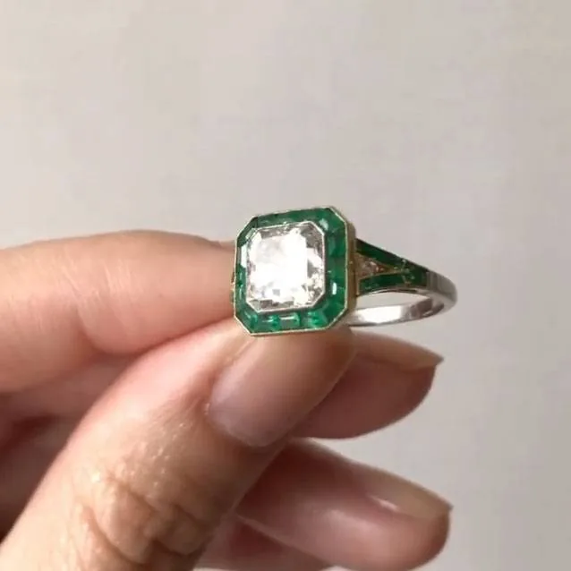 Handmade 2.65 ct Art Deco Asscher Cut Ring With Calibre Cut Emerald Stones