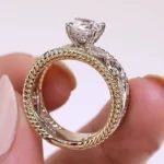 Handmade Two-tone Vintange Engraved Round Sapphire Engagement Ring