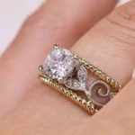 Handmade Two-tone Vintange Engraved Round Sapphire Engagement Ring