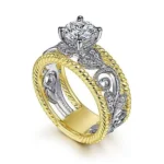 Handmade Two-tone Vintange Engraved Round Sapphire Engagement Ring