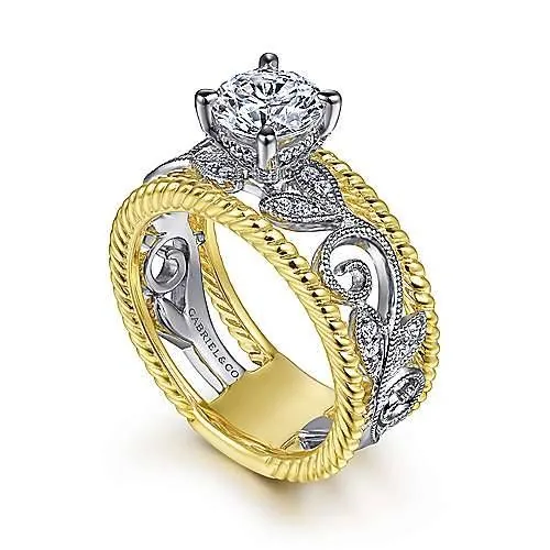 Handmade Two-tone Vintange Engraved Round Sapphire Engagement Ring