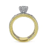 Handmade Two-tone Vintange Engraved Round Sapphire Engagement Ring