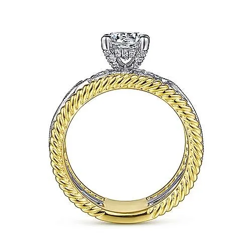Handmade Two-tone Vintange Engraved Round Sapphire Engagement Ring