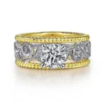 Handmade Two-tone Vintange Engraved Round Sapphire Engagement Ring
