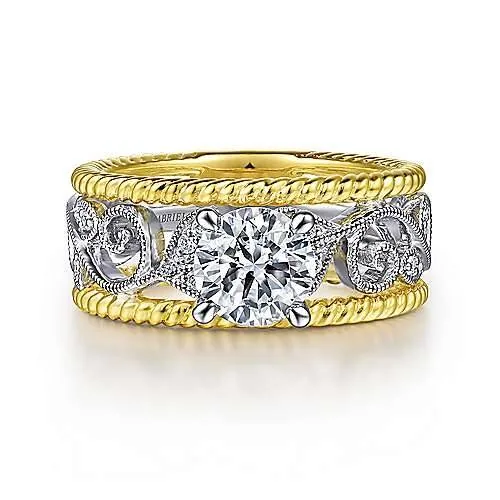 Handmade Two-tone Vintange Engraved Round Sapphire Engagement Ring