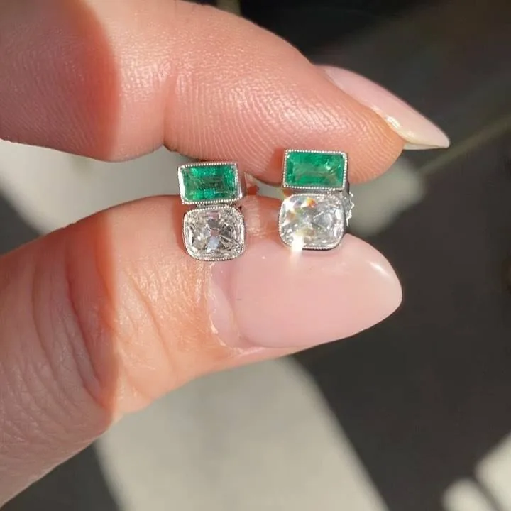 Handmade 1.94 Ct Emerald & Old Mine Cushion Cut Stud Earrings