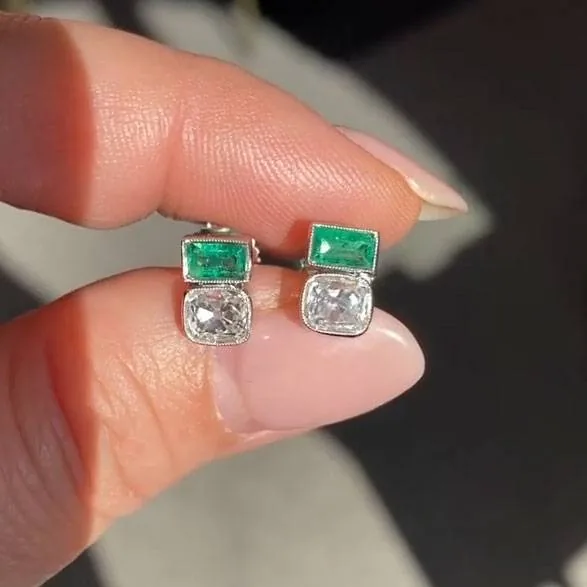 Handmade 1.94 Ct Emerald & Old Mine Cushion Cut Stud Earrings