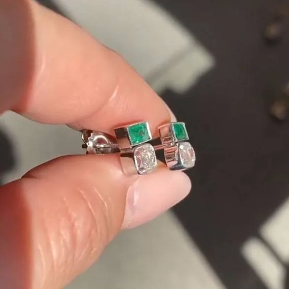 Handmade 1.94 Ct Emerald & Old Mine Cushion Cut Stud Earrings