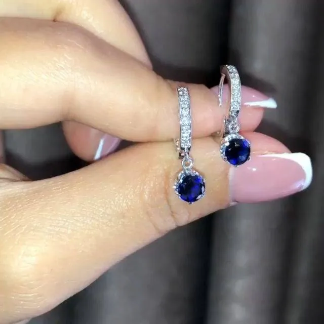 Handmade 2 CT Round Cut Dangle Sapphire Earrings