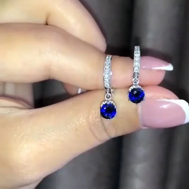 Handmade 2 CT Round Cut Dangle Sapphire Earrings