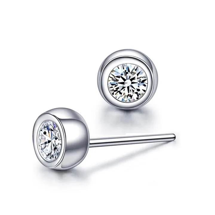 Handmade 2CT Round Cut Silver Bezel Setting Ear Studs