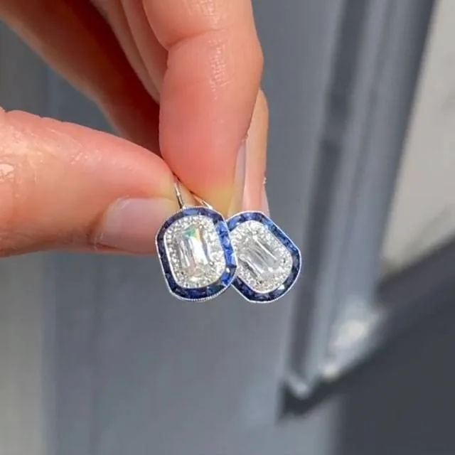 Double Halo Sapphire Blue Drop Earrings