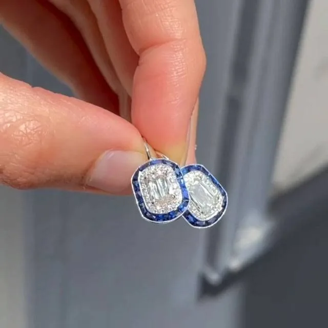 Double Halo Sapphire Blue Drop Earrings