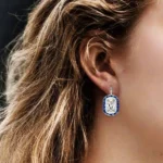 Double Halo Sapphire Blue Drop Earrings