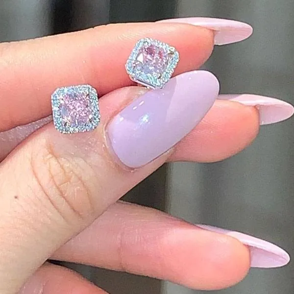 Handmade 2CT Halo Pink Diamond Studs