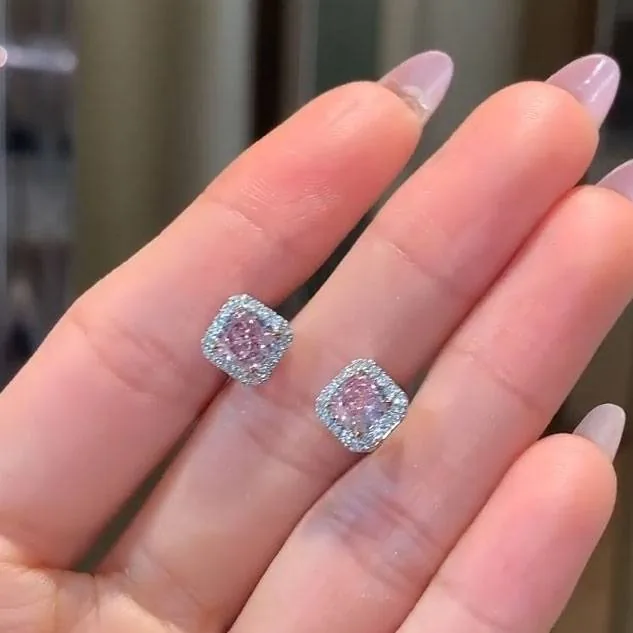 Handmade 2CT Halo Pink Diamond Studs