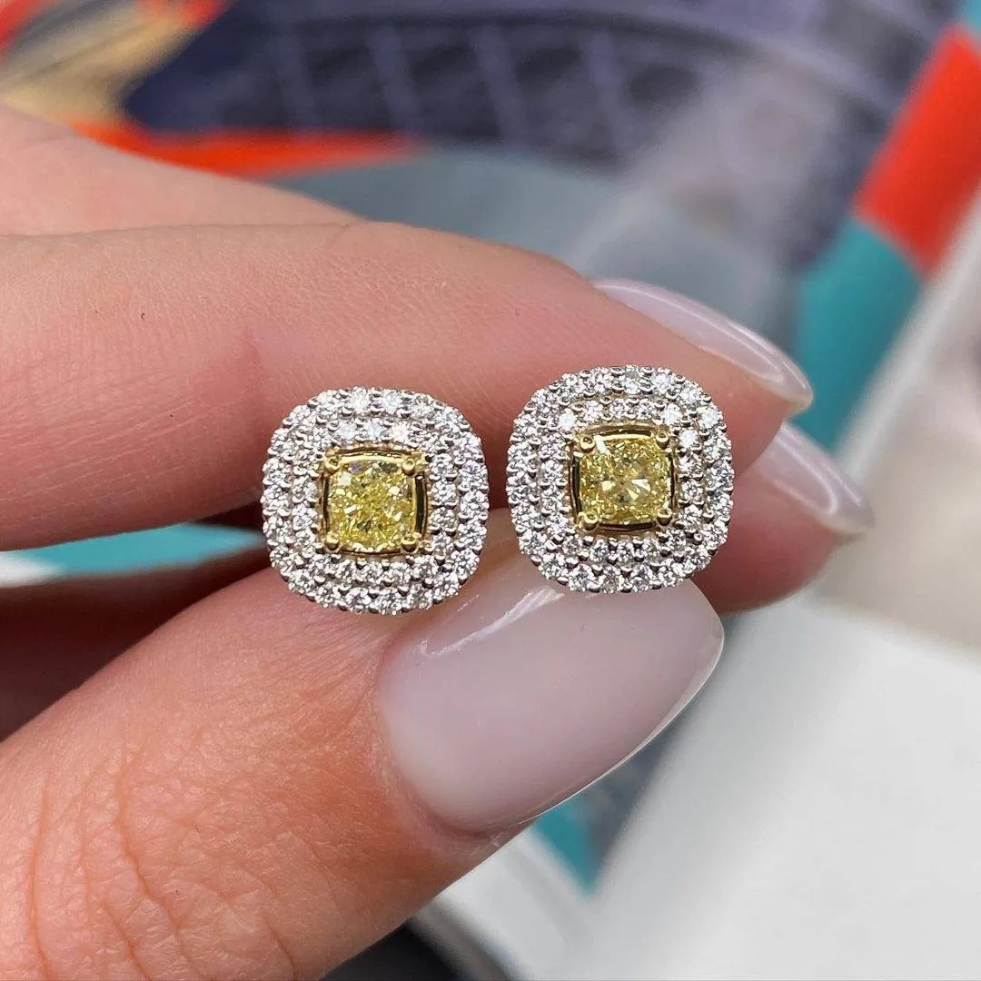 Handmade 3.55CT Double Halo Fancy Yellow Sapphire Ear Studs