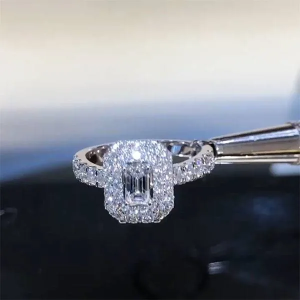 Handmade 1.25 CT Emerald Cut Double Halo Sterling Silver Engagement Ring
