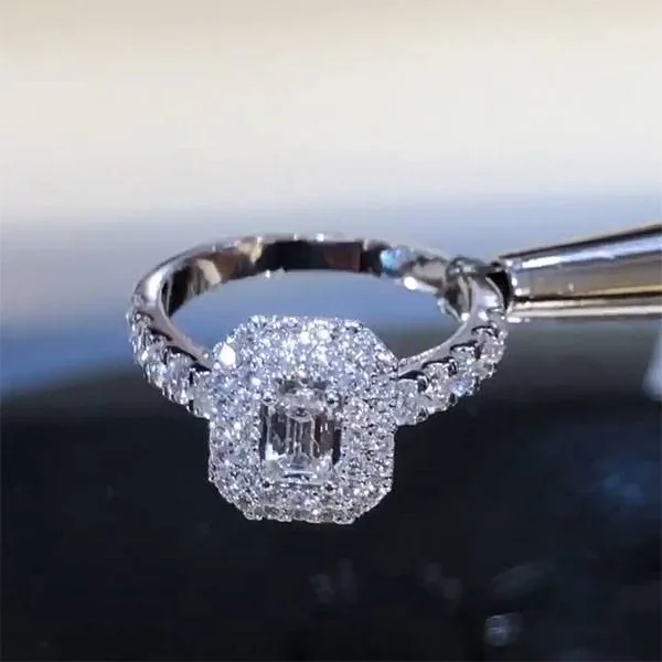 Handmade 1.25 CT Emerald Cut Double Halo Sterling Silver Engagement Ring