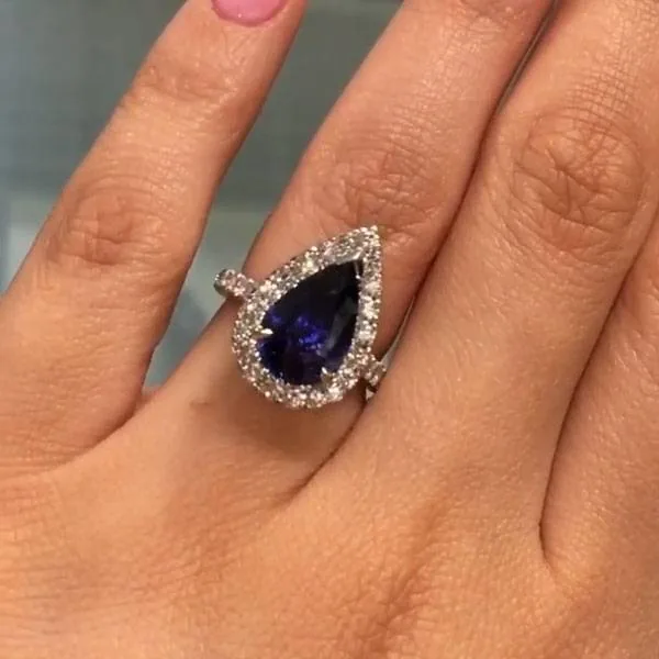 Handmade 2 CT Blue Sapphire Pear Cut Enagement Ring
