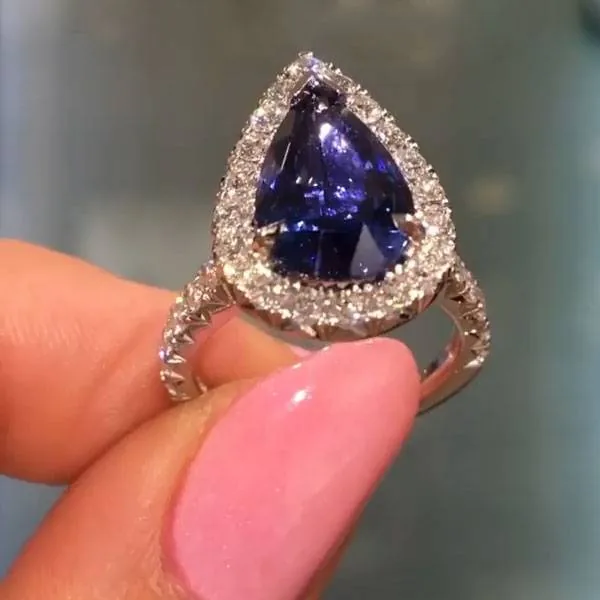 Handmade 2 CT Blue Sapphire Pear Cut Enagement Ring
