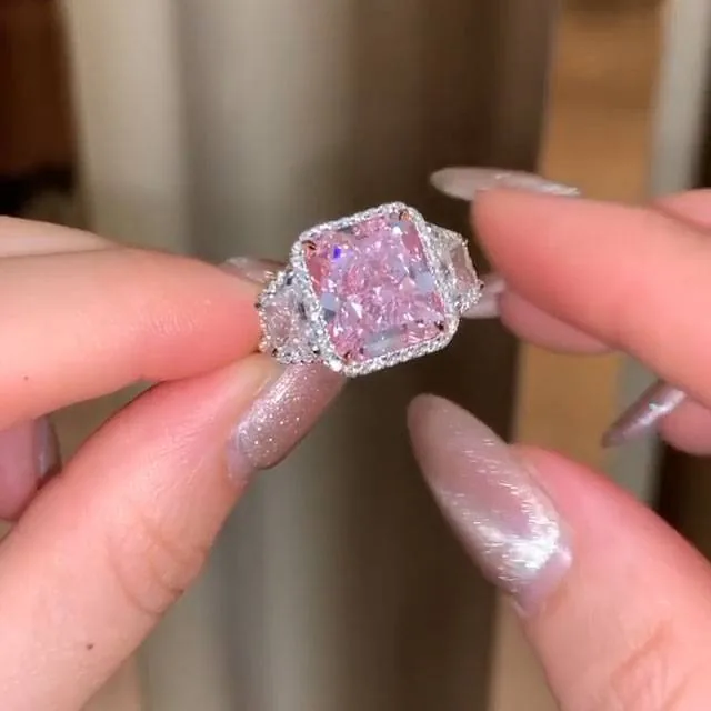 Handmade 5 CT Fancy Pink Radiant Cut Enagement Ring