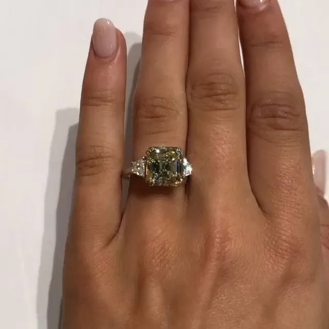 Handmade 5 CT Asscher Cut Enagement Ring with Two Trapezoid Side Stones