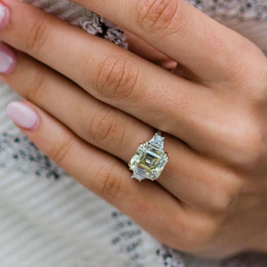Handmade 5 CT Asscher Cut Enagement Ring with Two Trapezoid Side Stones