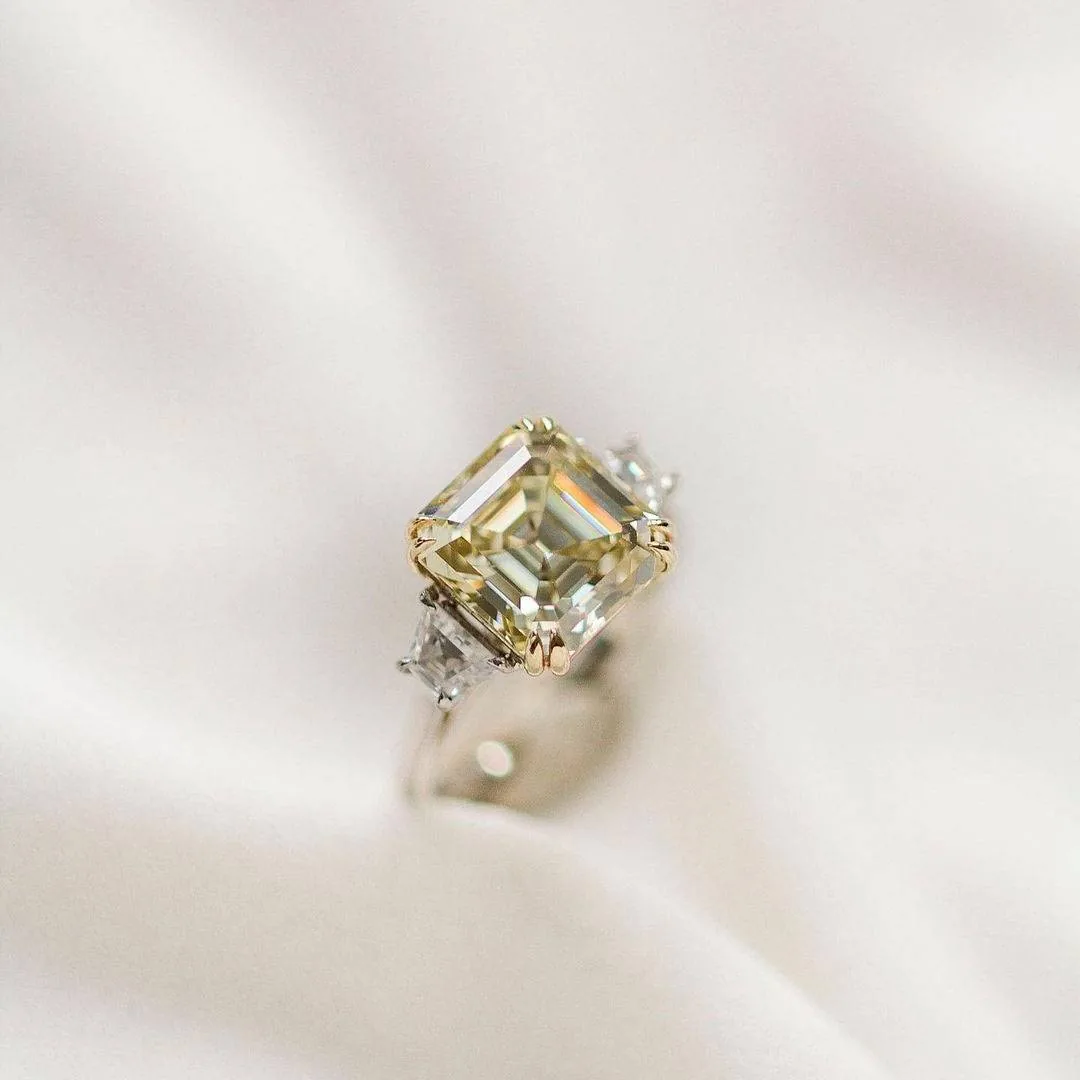 Handmade 5 CT Asscher Cut Enagement Ring with Two Trapezoid Side Stones