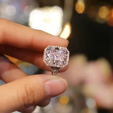 Handamde 4CT Radiant Cut Halo Pink Engagement Ring