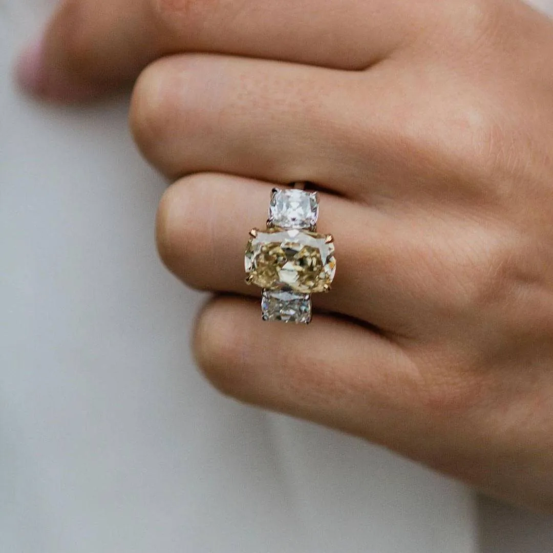 Handmade 7 CT Three Stone Cushion Cut Engagement Ring