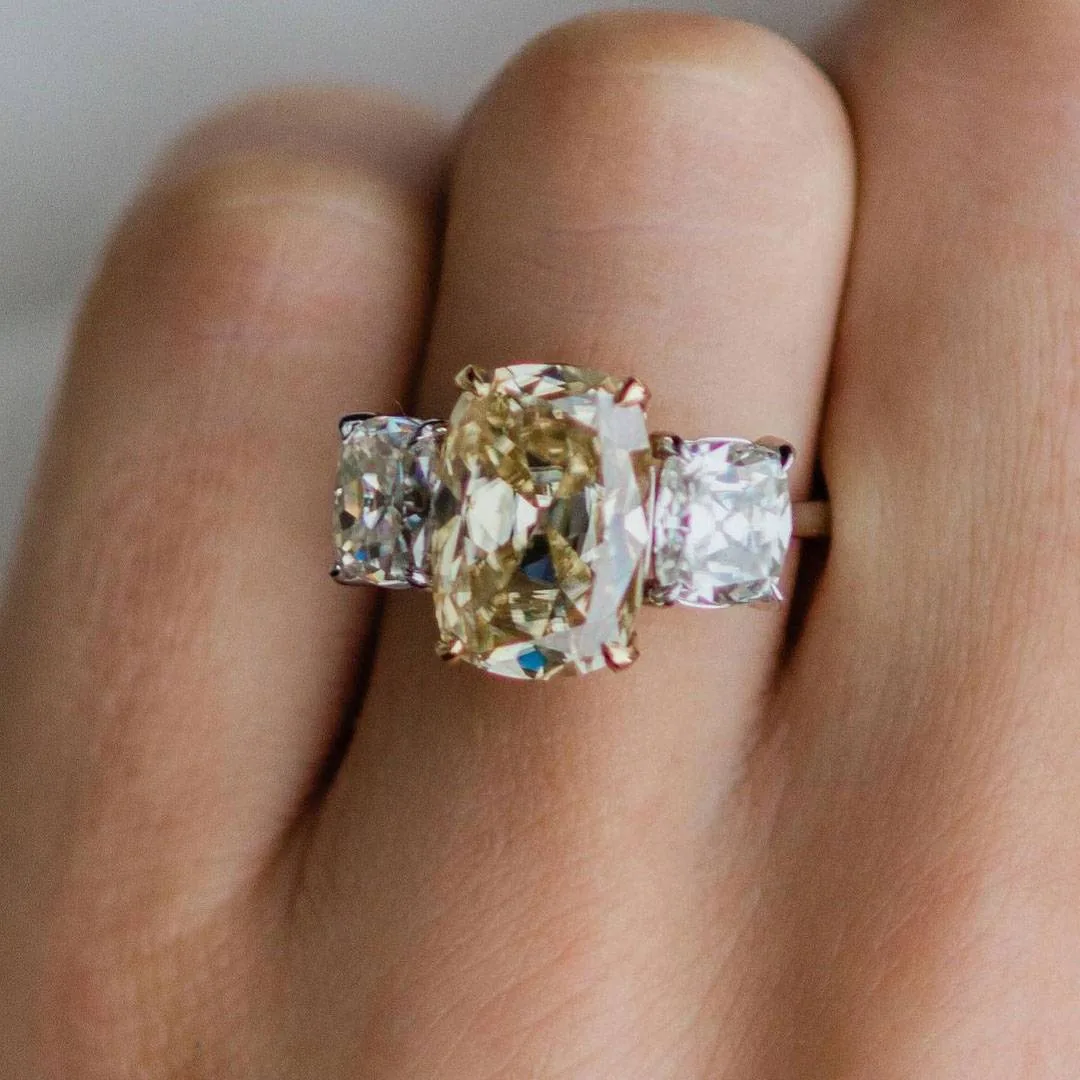Handmade 7 CT Three Stone Cushion Cut Engagement Ring
