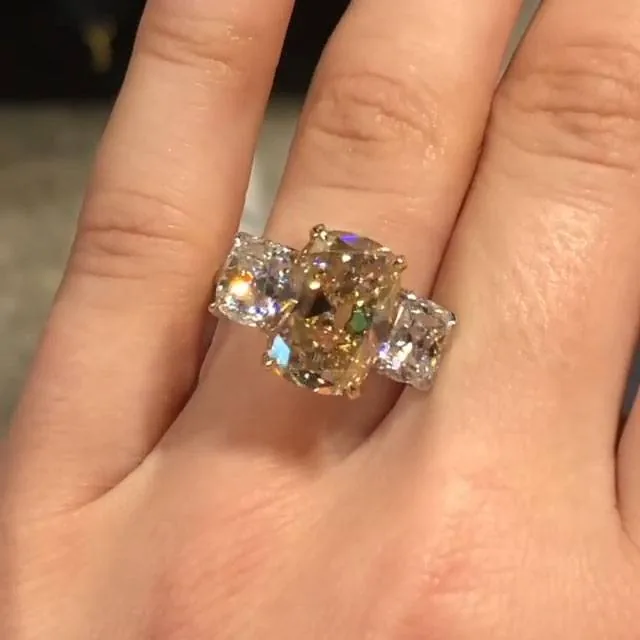 Handmade 7 CT Three Stone Cushion Cut Engagement Ring