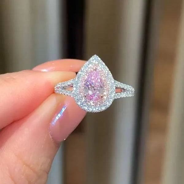 Handmade 1 CT Pink Double Halo Pear Cut Engagement Ring