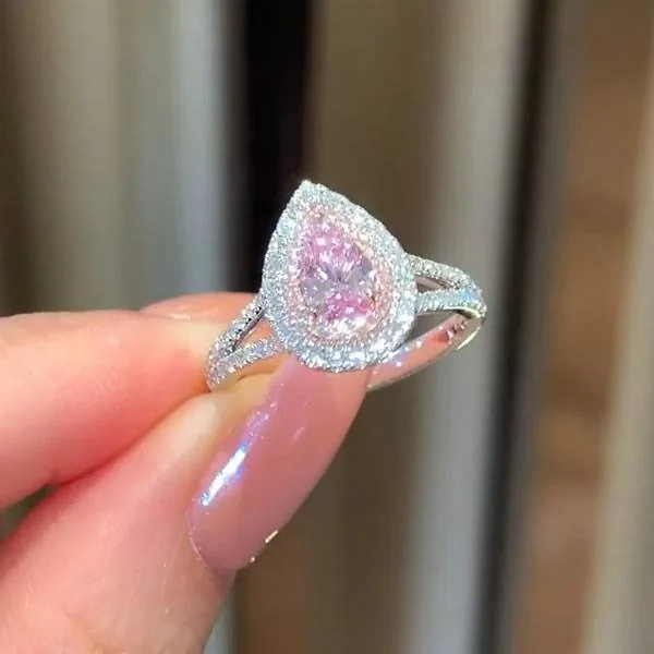 Handmade 1 CT Pink Double Halo Pear Cut Engagement Ring