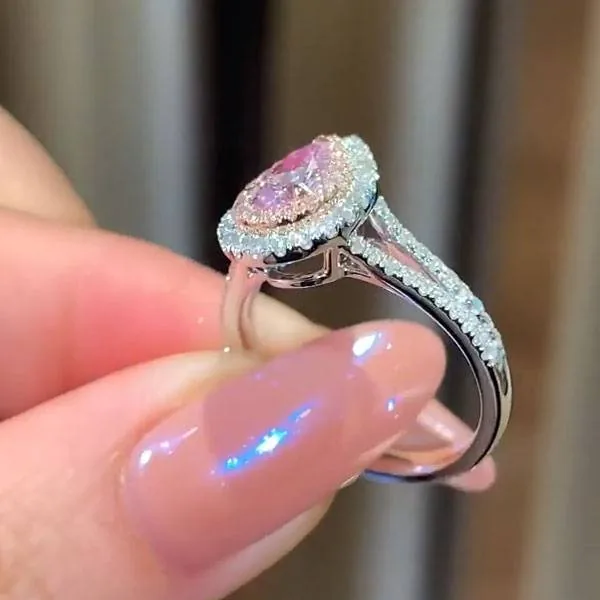 Handmade 1 CT Pink Double Halo Pear Cut Engagement Ring