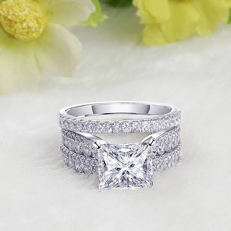 Handmade 2.0 CT Princess Cut Sterling Silver Ring Set