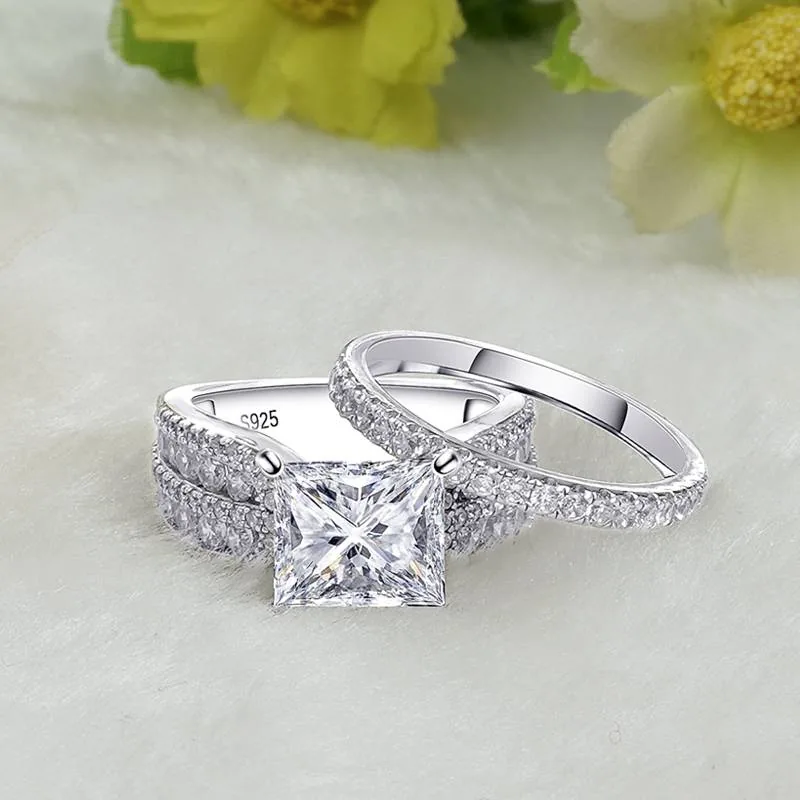 Handmade 2.0 CT Princess Cut Sterling Silver Ring Set