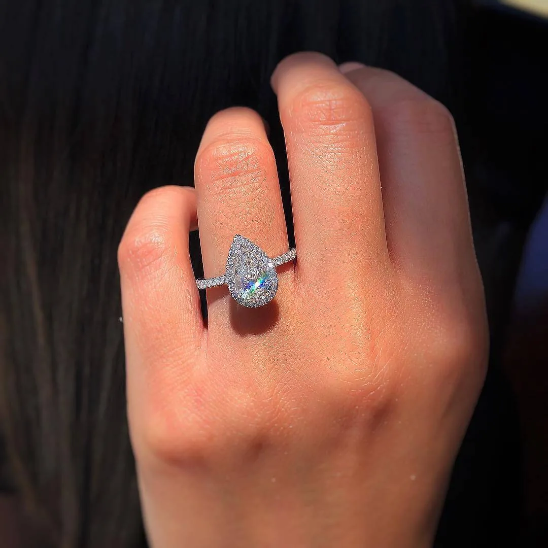 Handmade Pear Cut Halo Sterling Silver Ring
