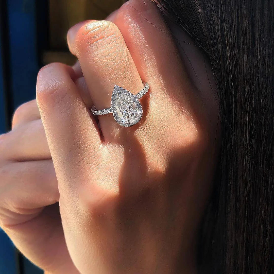 Handmade Pear Cut Halo Sterling Silver Ring