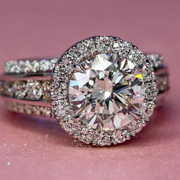 Handmade Round Cut Halo Sterling Silver Ring