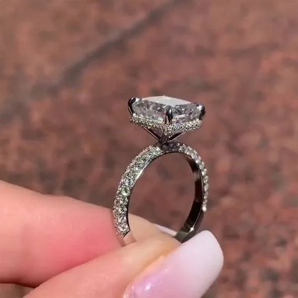 Handmade Radiant Cut Under Halo With 3D Band Sterling Silver Ring